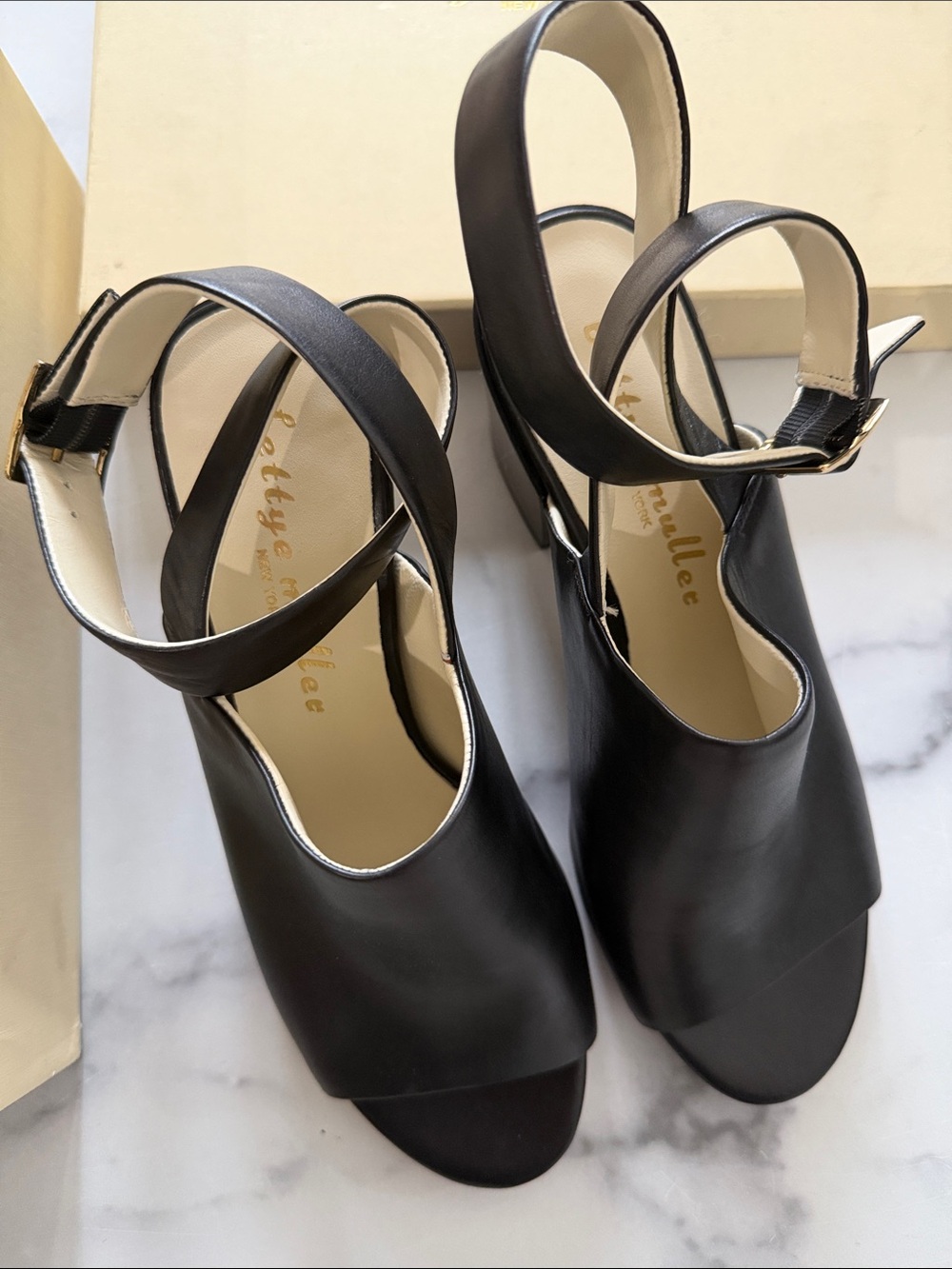 Black Ankle-Strap Open-Toe Heels by Bettye muller New York